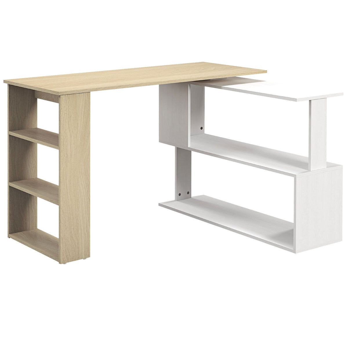 Small white and wood corner desk with bookcase, set up in a small room