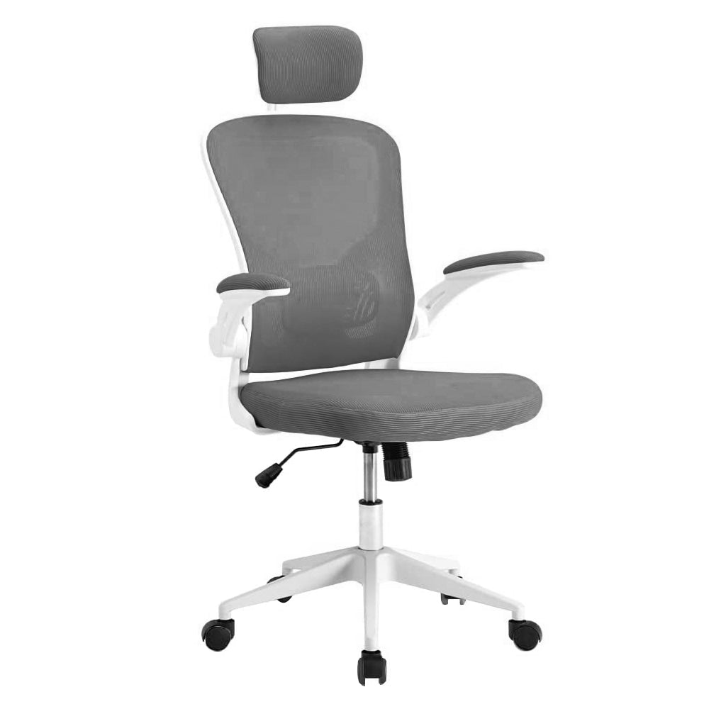 Grey ergonomic office chair with headrest and lumbar support