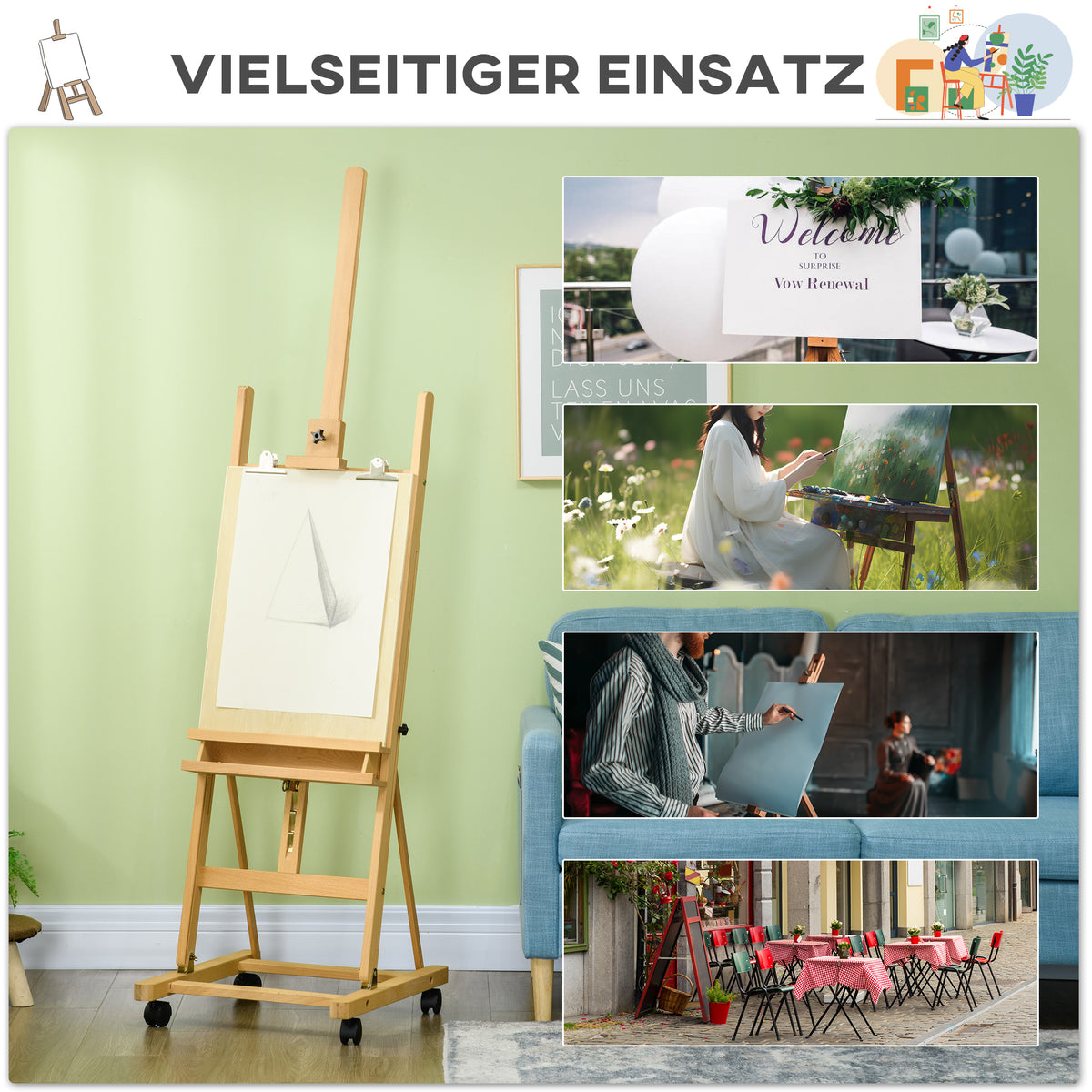 Beech wood studio easel on wheels