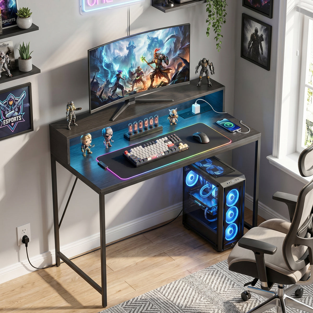 LED Computer Desk with Power Outlets