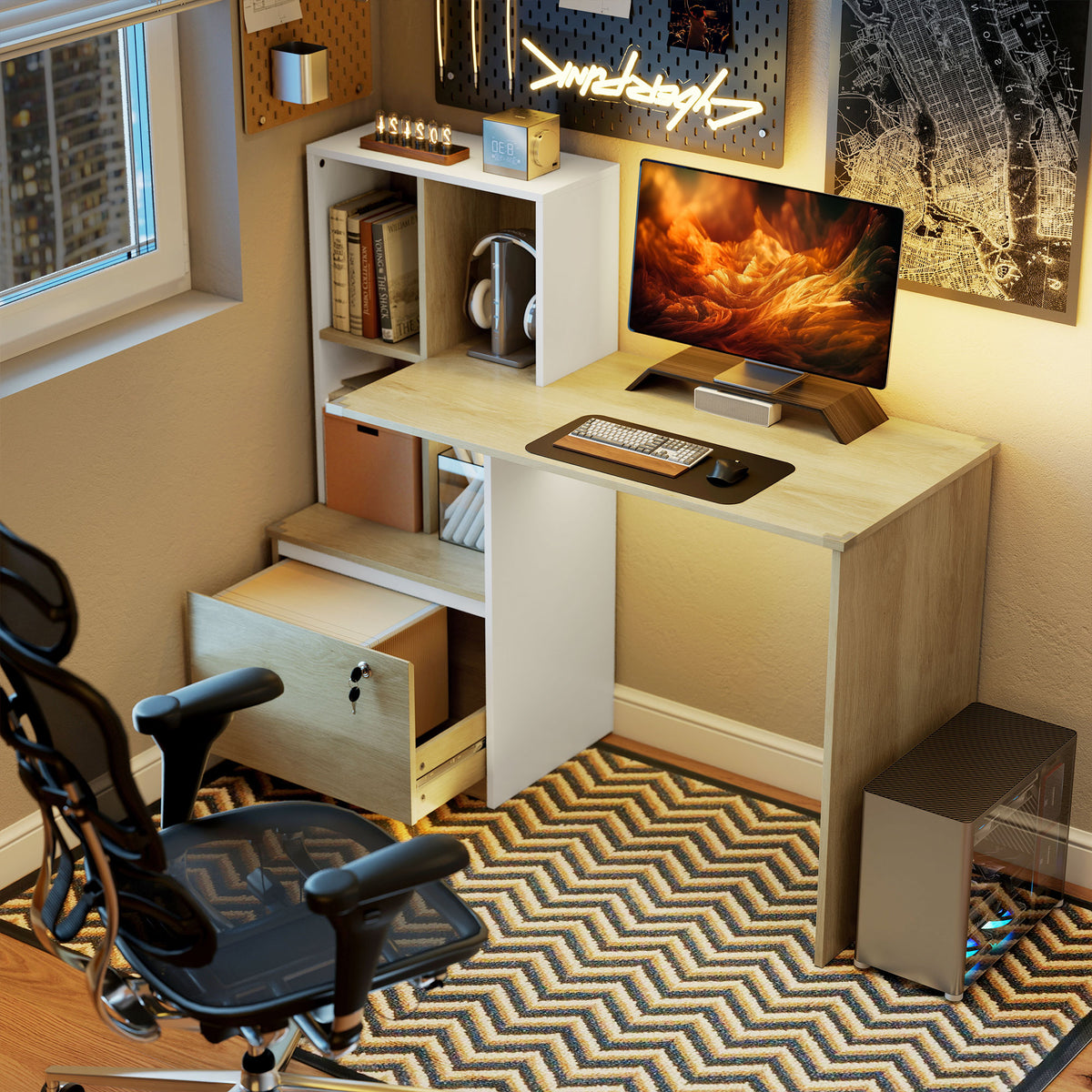 Computer Desk with Bookcase & Lockable Drawer