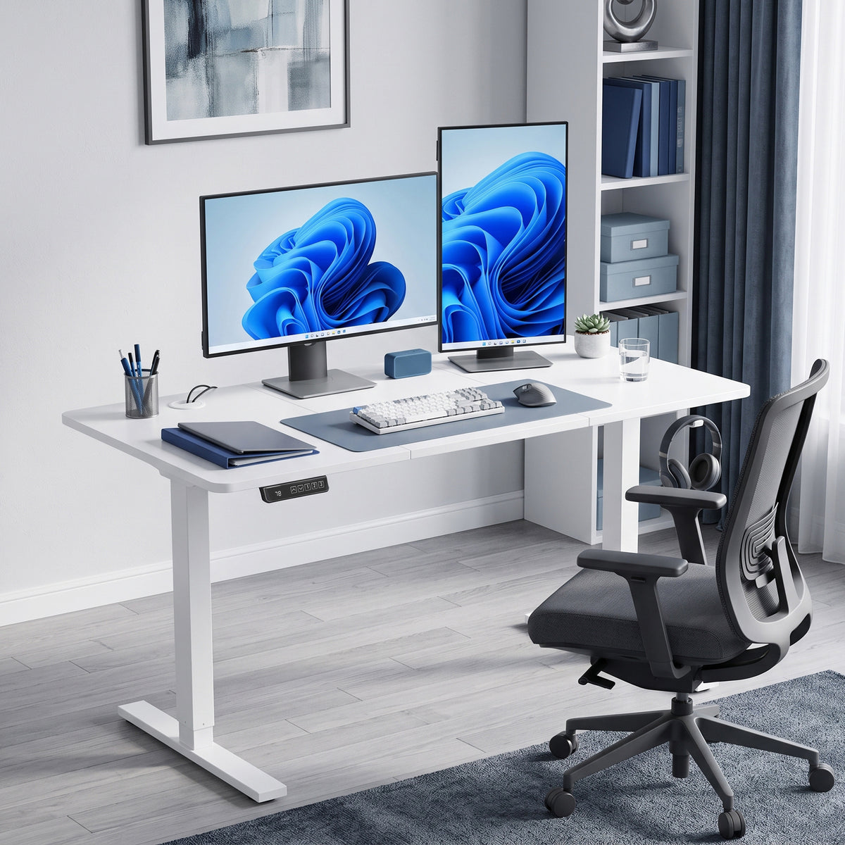 White electric standing desk with memory control
