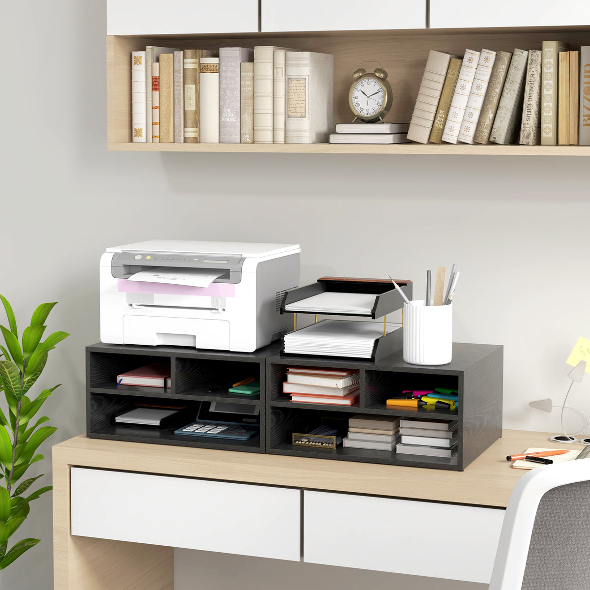 Desktop printer and monitor stand with 3 compartments, black