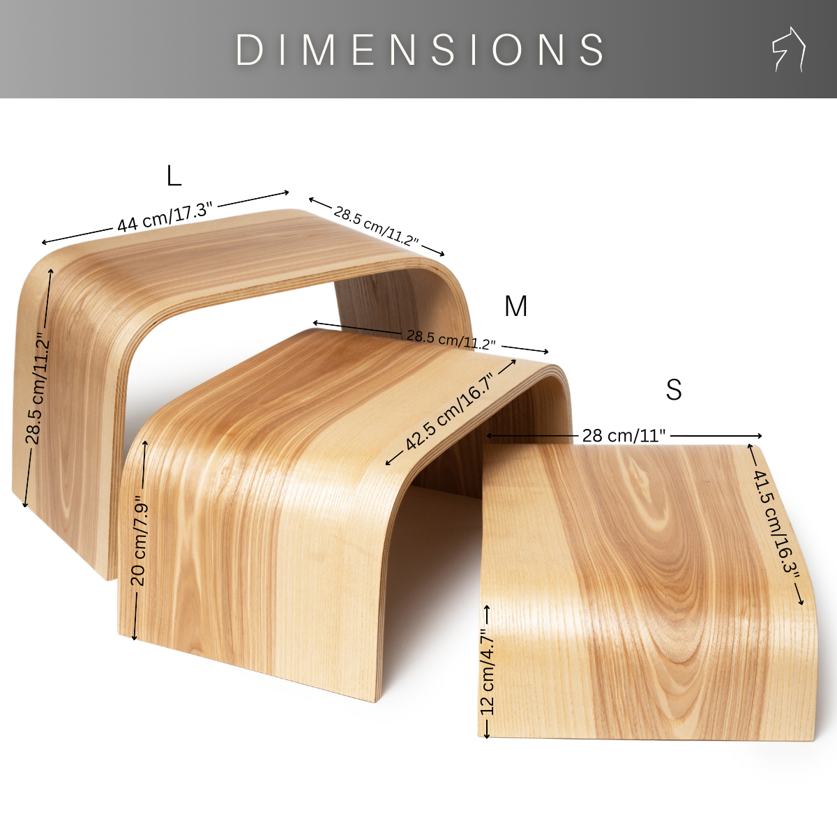 Dimensions of the three nesting plant stands: large 28.5 cm, medium 20 cm and small 12 cm high