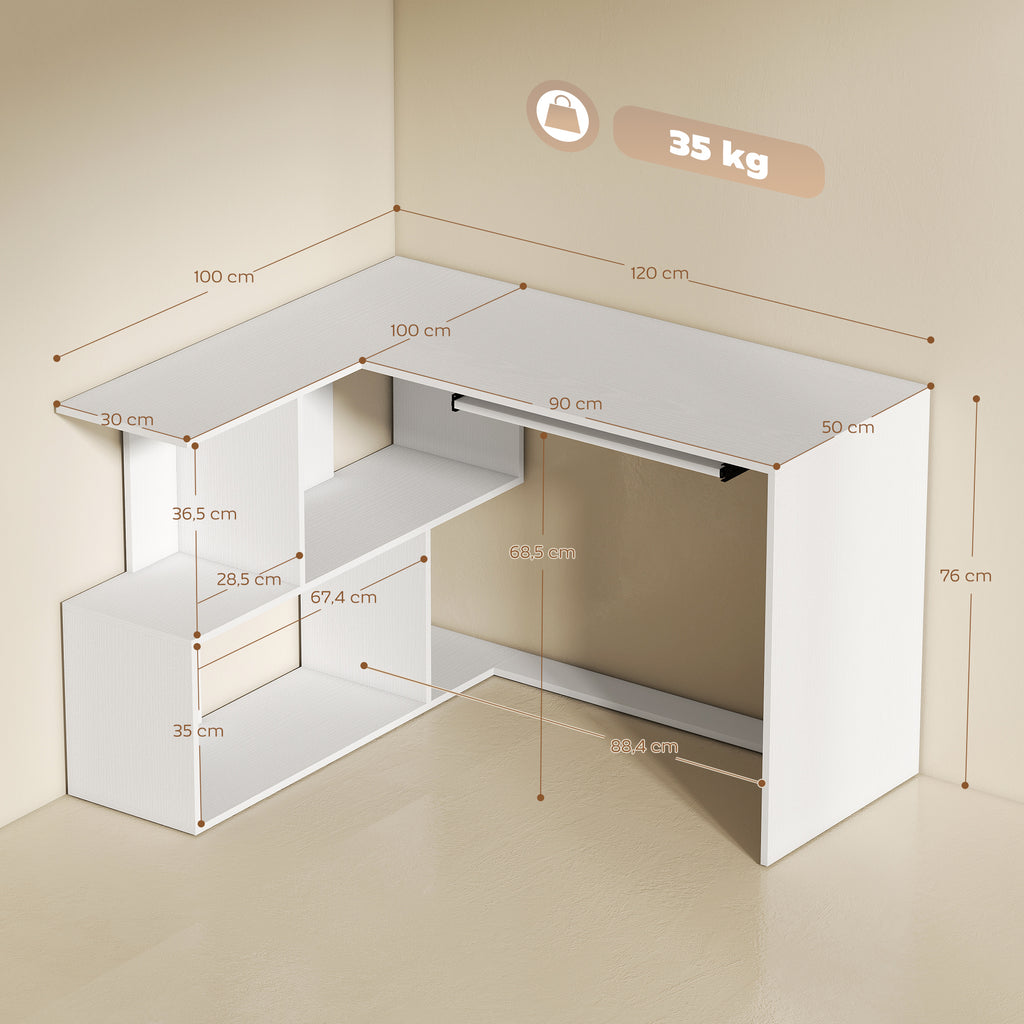 White L-shaped corner desk with shelves and keyboard tray, photo 3