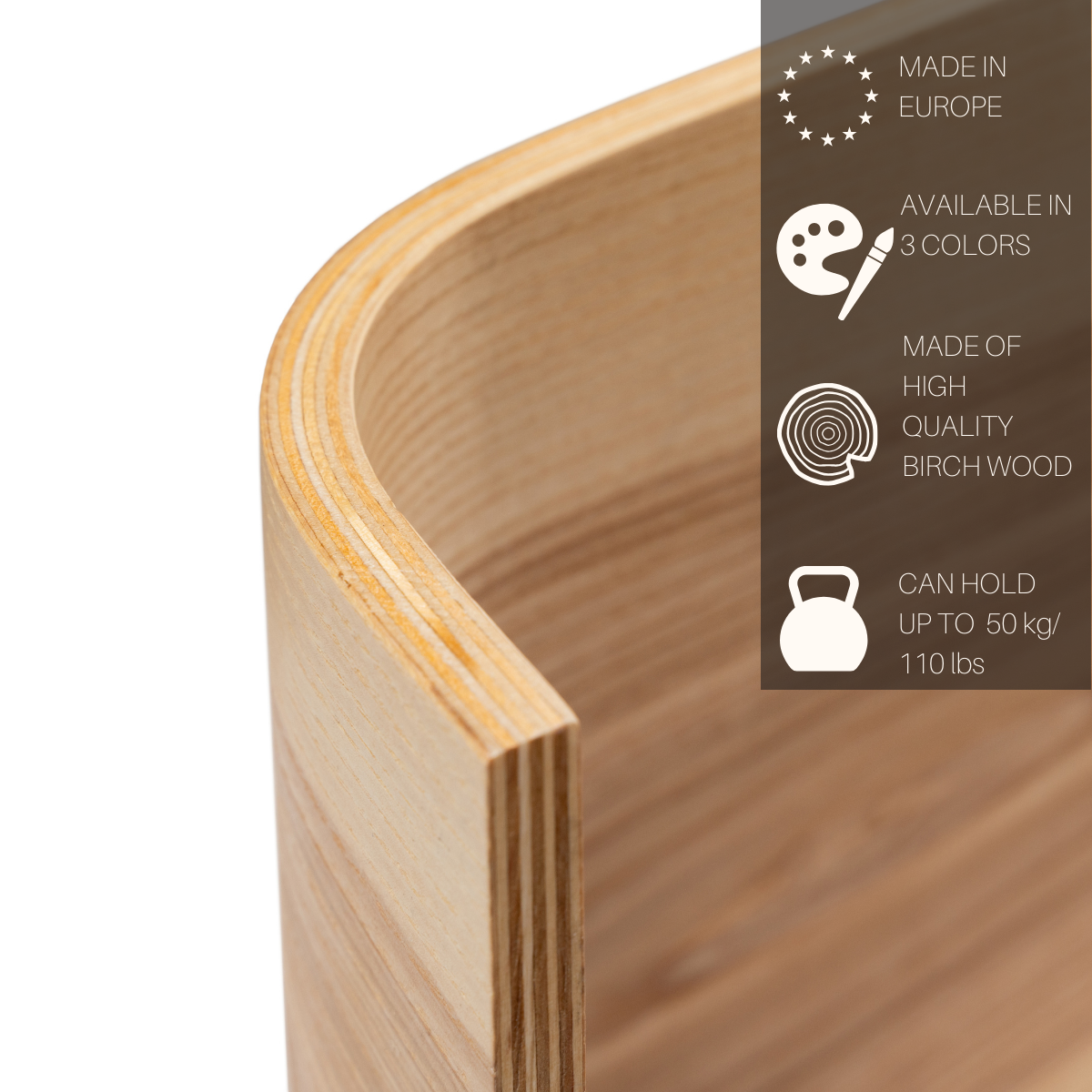 Close-up of the bent birch plywood edge on a wooden plant stand, holds up to 50 kg