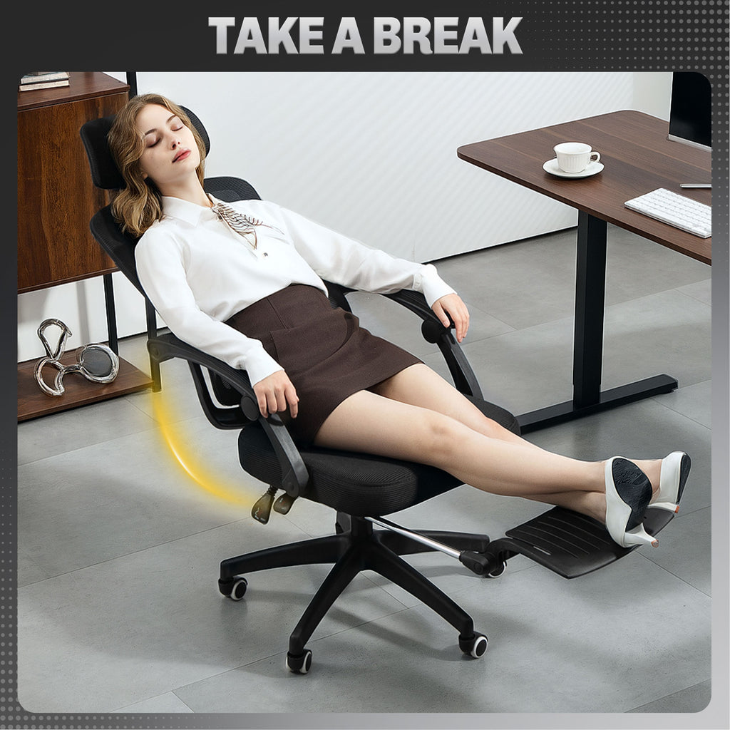 Black reclining mesh office chair with lumbar support and footrest