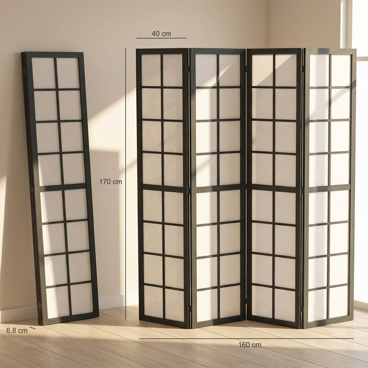 Black 4-panel grid room divider