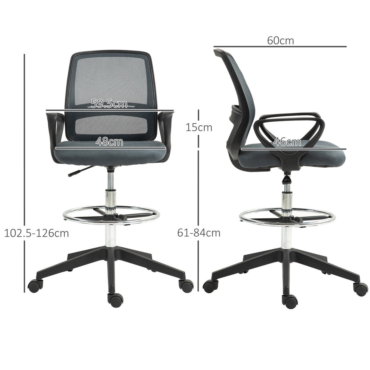 Grey ergonomic draughtsman chair with armrests