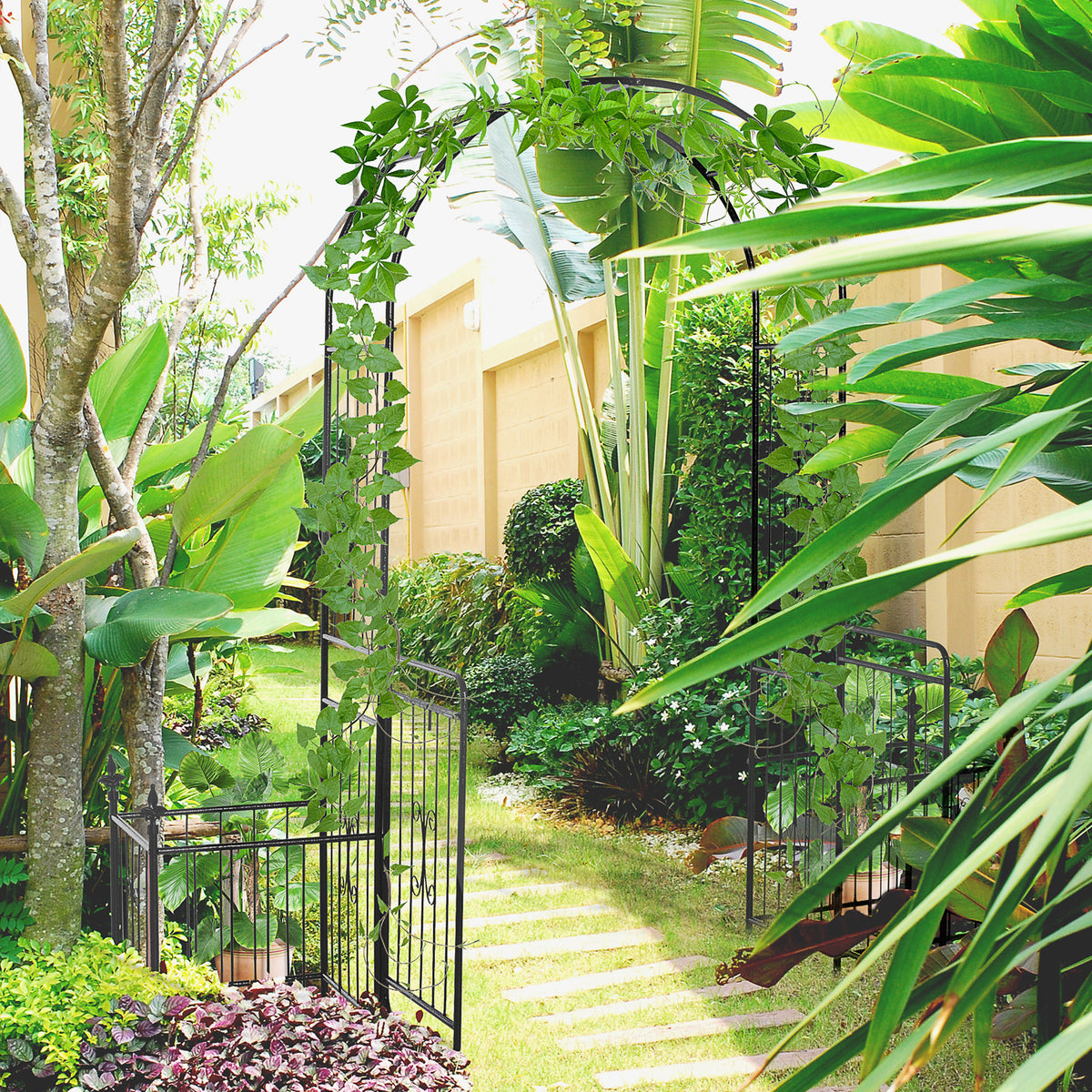 Metal Garden Arch with Gate & 2 Planters