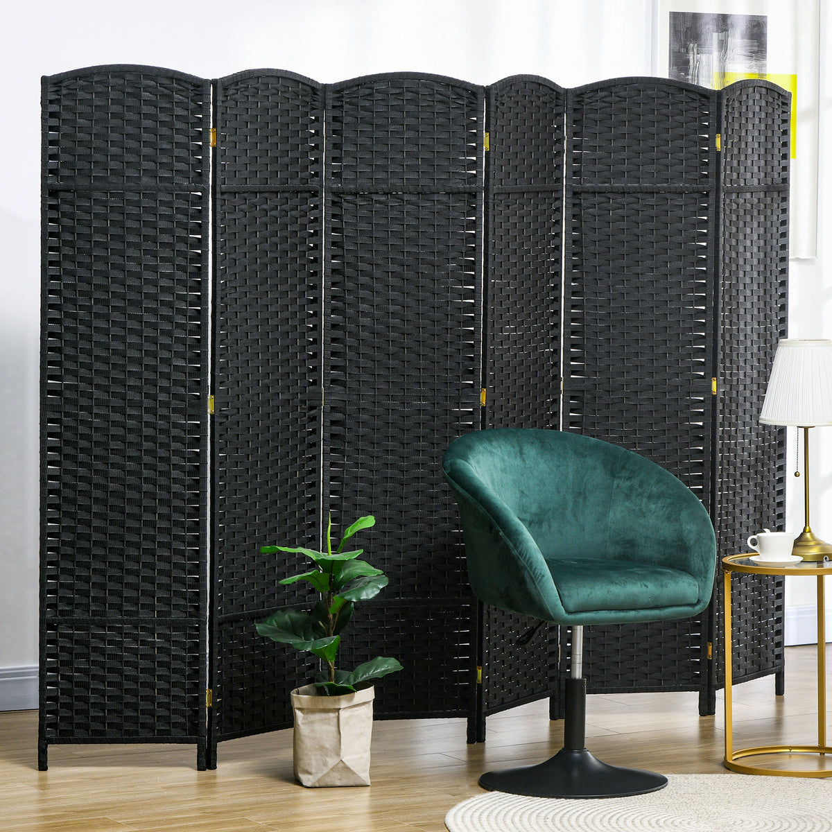 6-panel woven room divider with pine frame