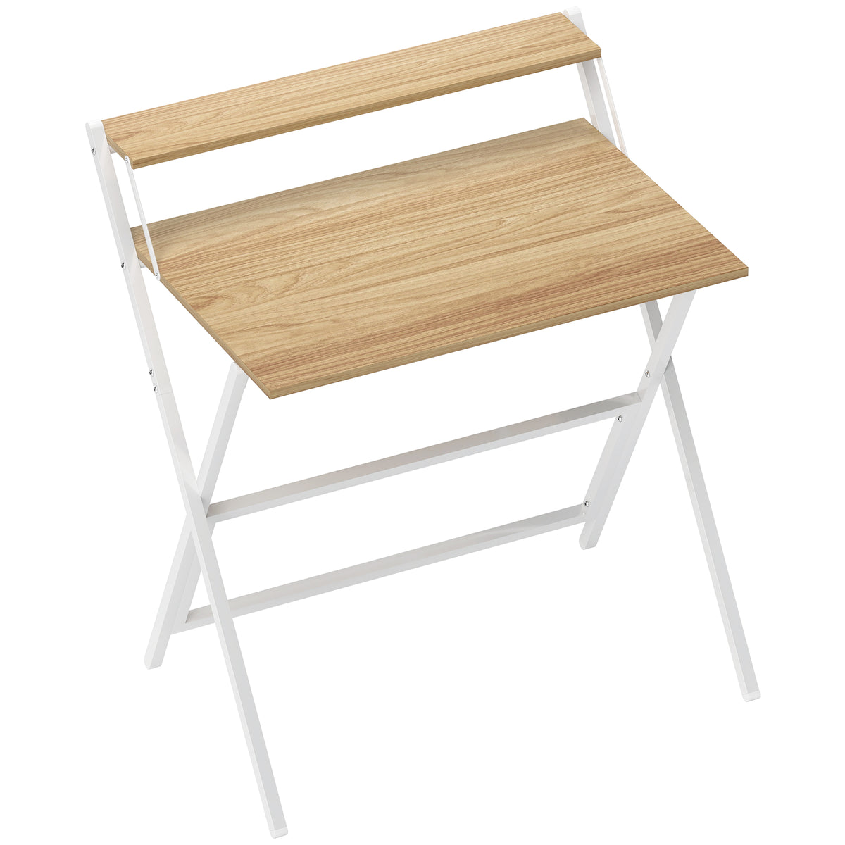 Folding computer desk with monitor shelf, natural wood
