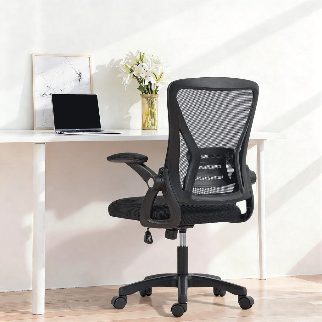 Black ergonomic mesh office chair with lift-up armrests