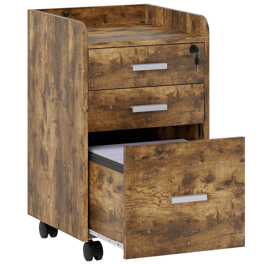 3-Drawer Wooden Filing Cabinet, Rustic Brown