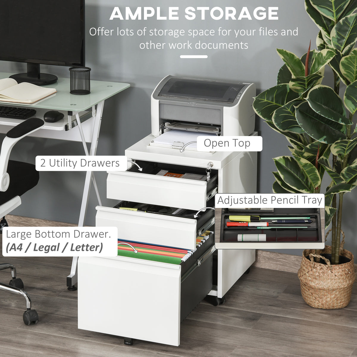 Mobile Steel Filing Cabinet, White