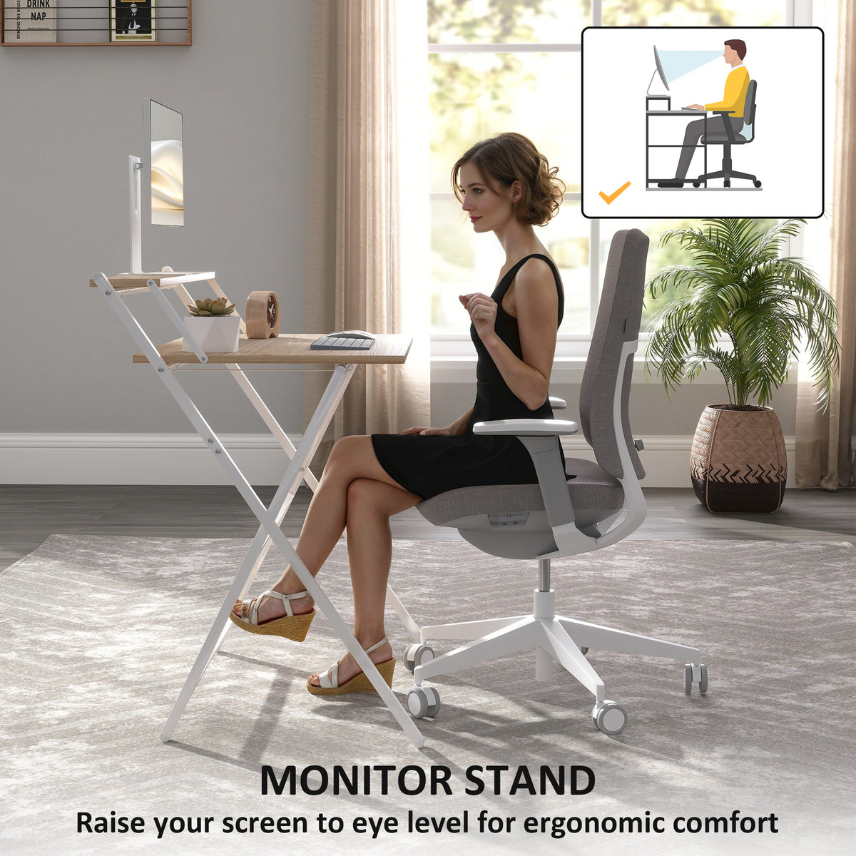 Folding computer desk with monitor shelf, natural wood