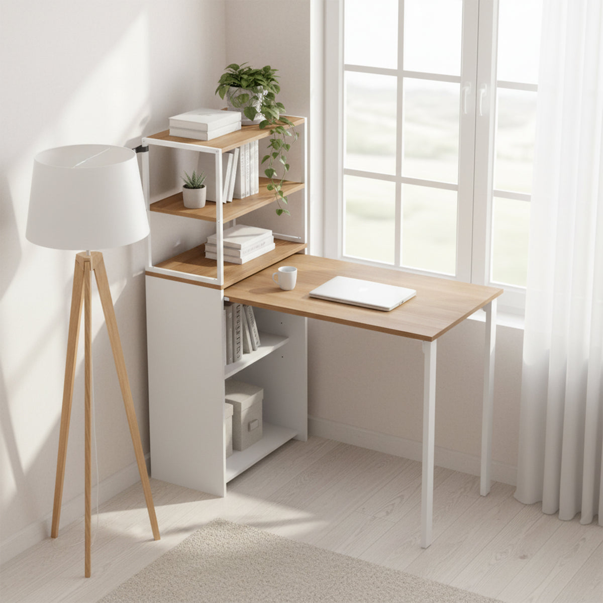 Fold-away desk with 4 shelves, natural wood and white
