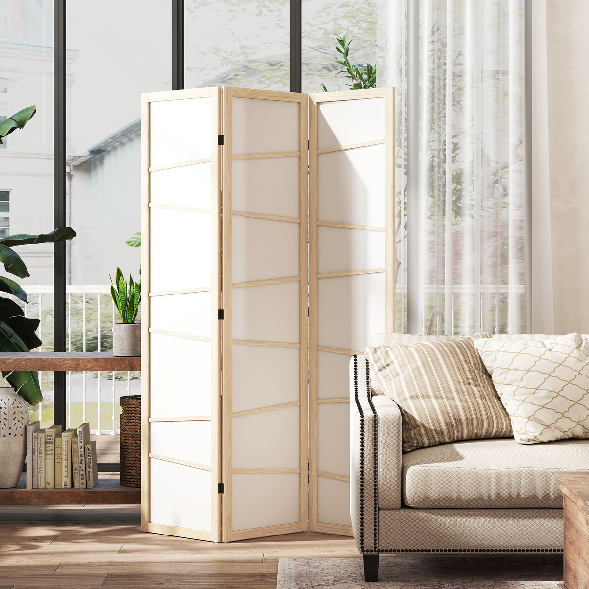 3-panel wooden room divider with rice paper panels