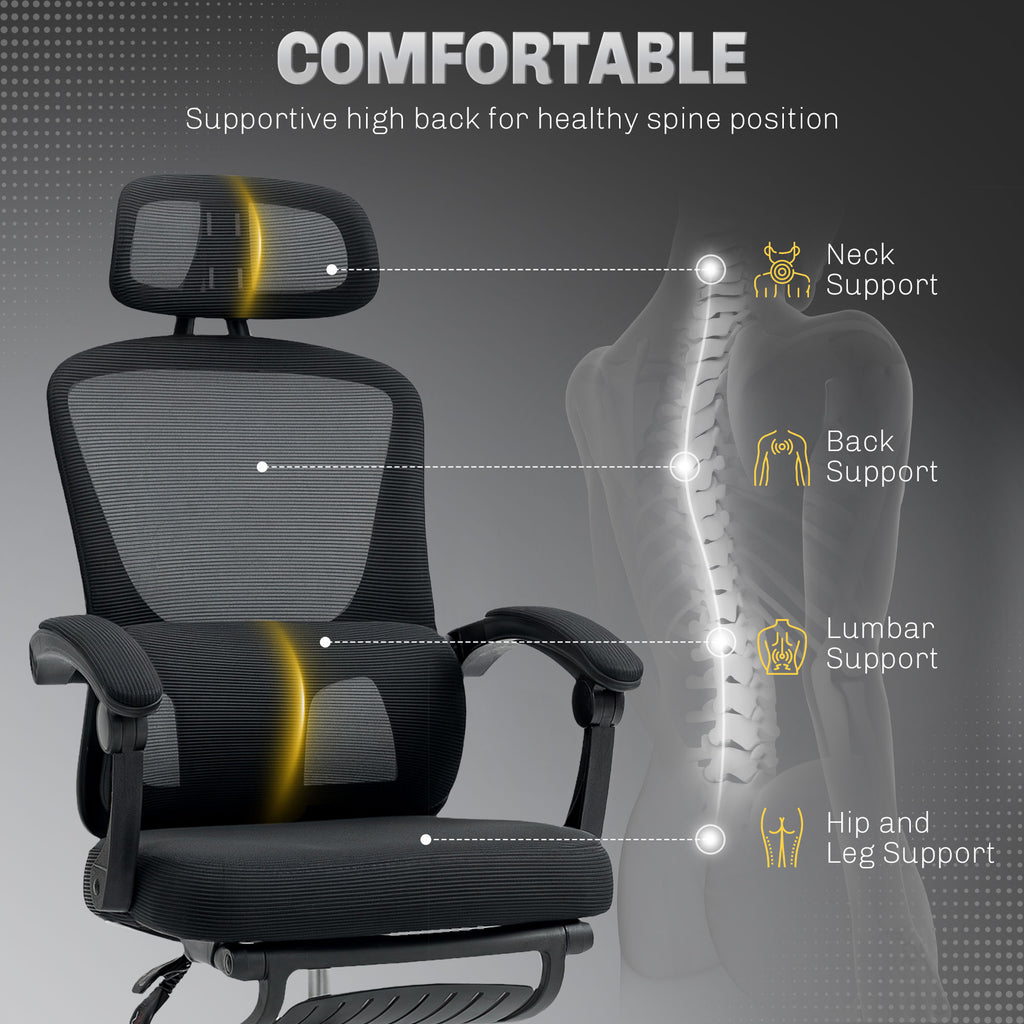 Black reclining mesh office chair with lumbar support and footrest