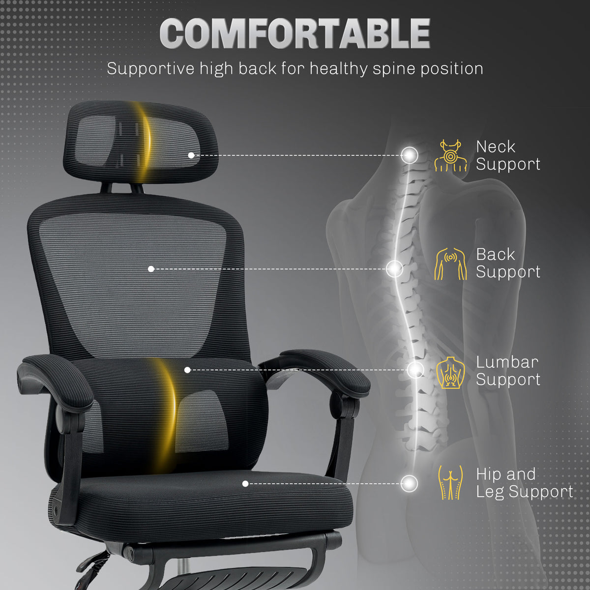 Black reclining mesh office chair with lumbar support and footrest