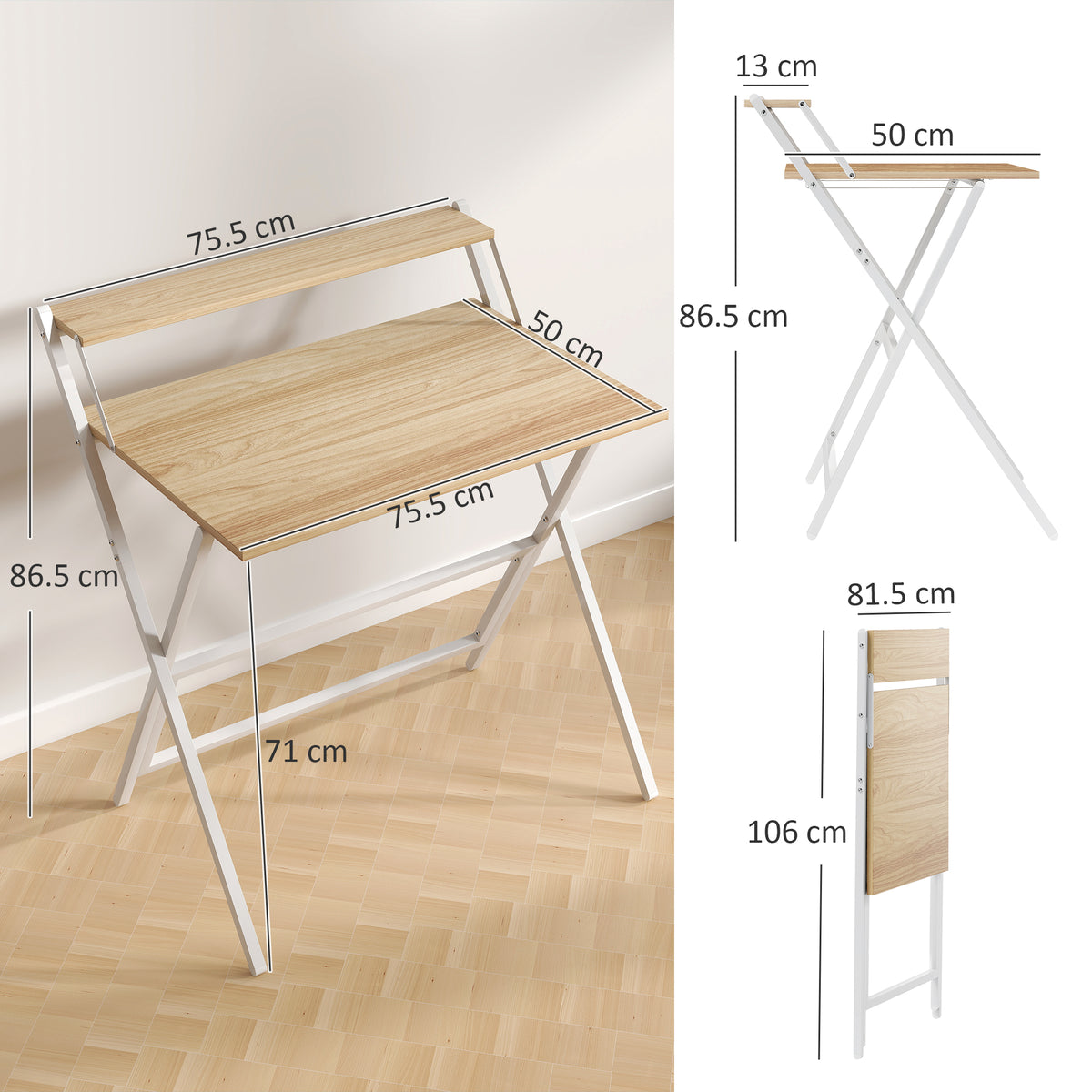 Folding computer desk with monitor shelf, natural wood