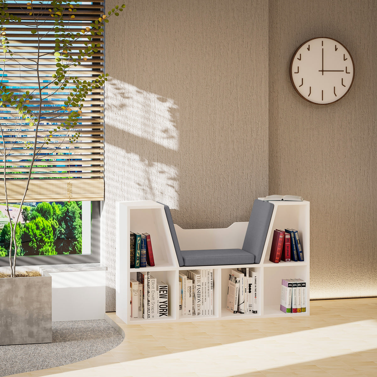 White bookcase with cushioned reading seat