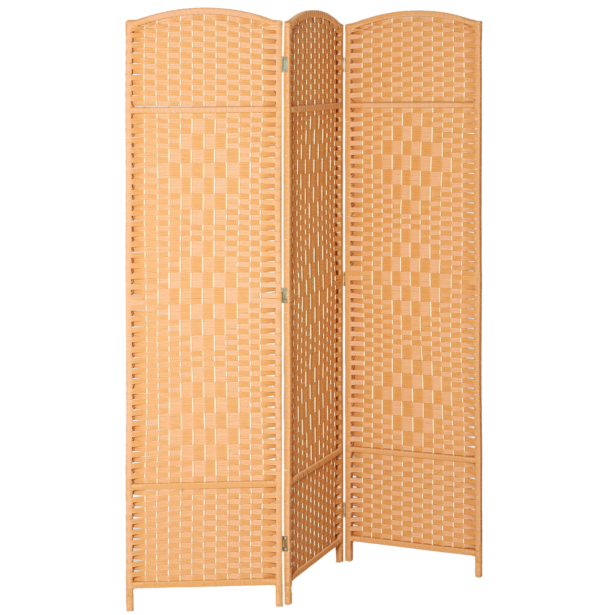Light brown woven 3-panel room divider with arched top