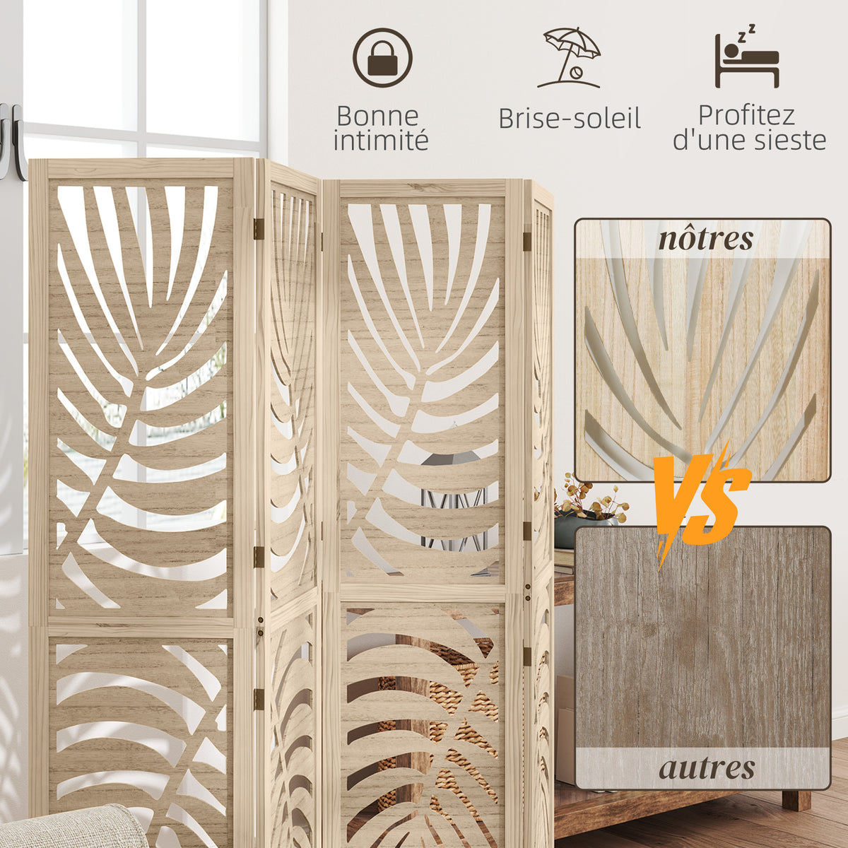 Wooden 4-panel room divider with leaf pattern