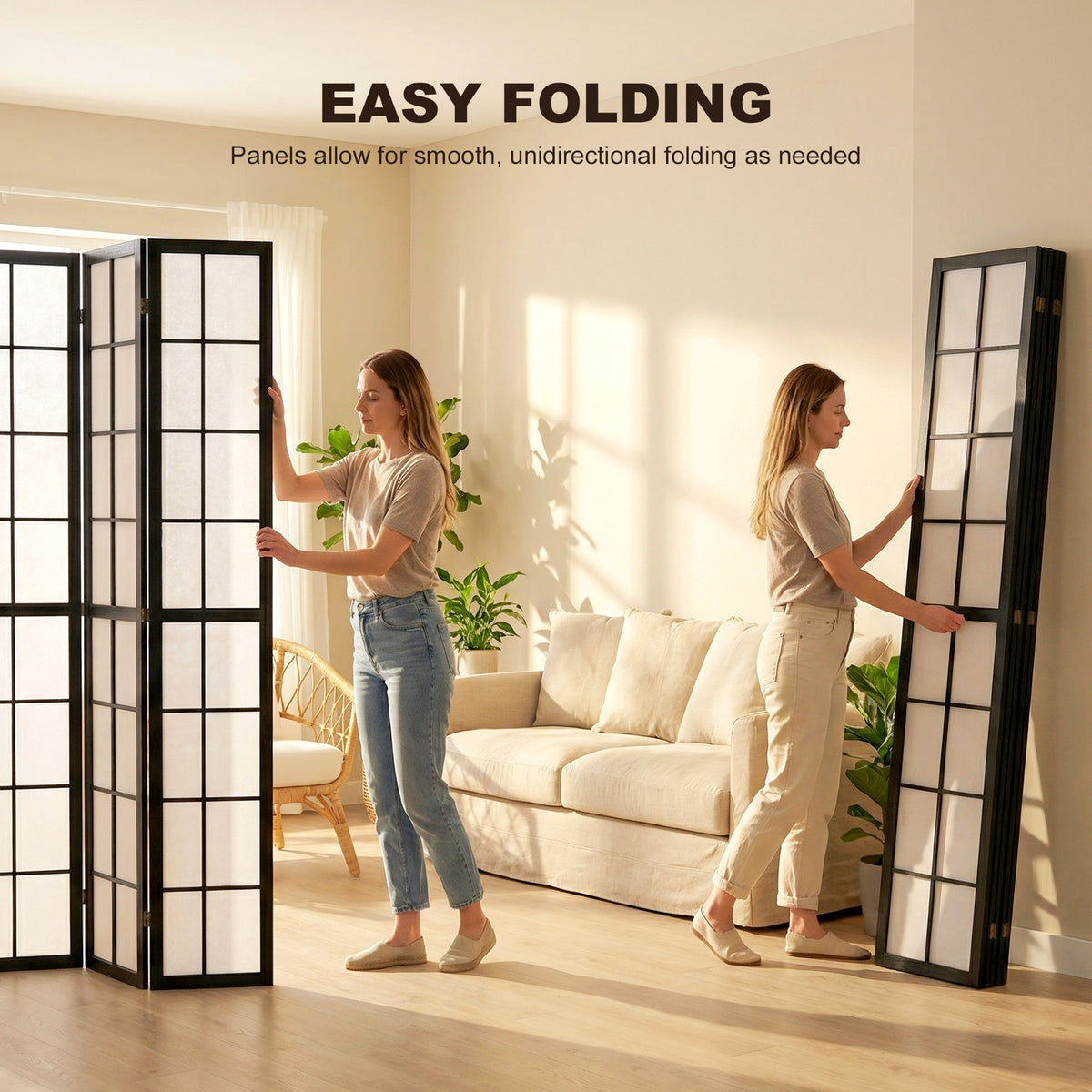 Black 4-panel grid room divider