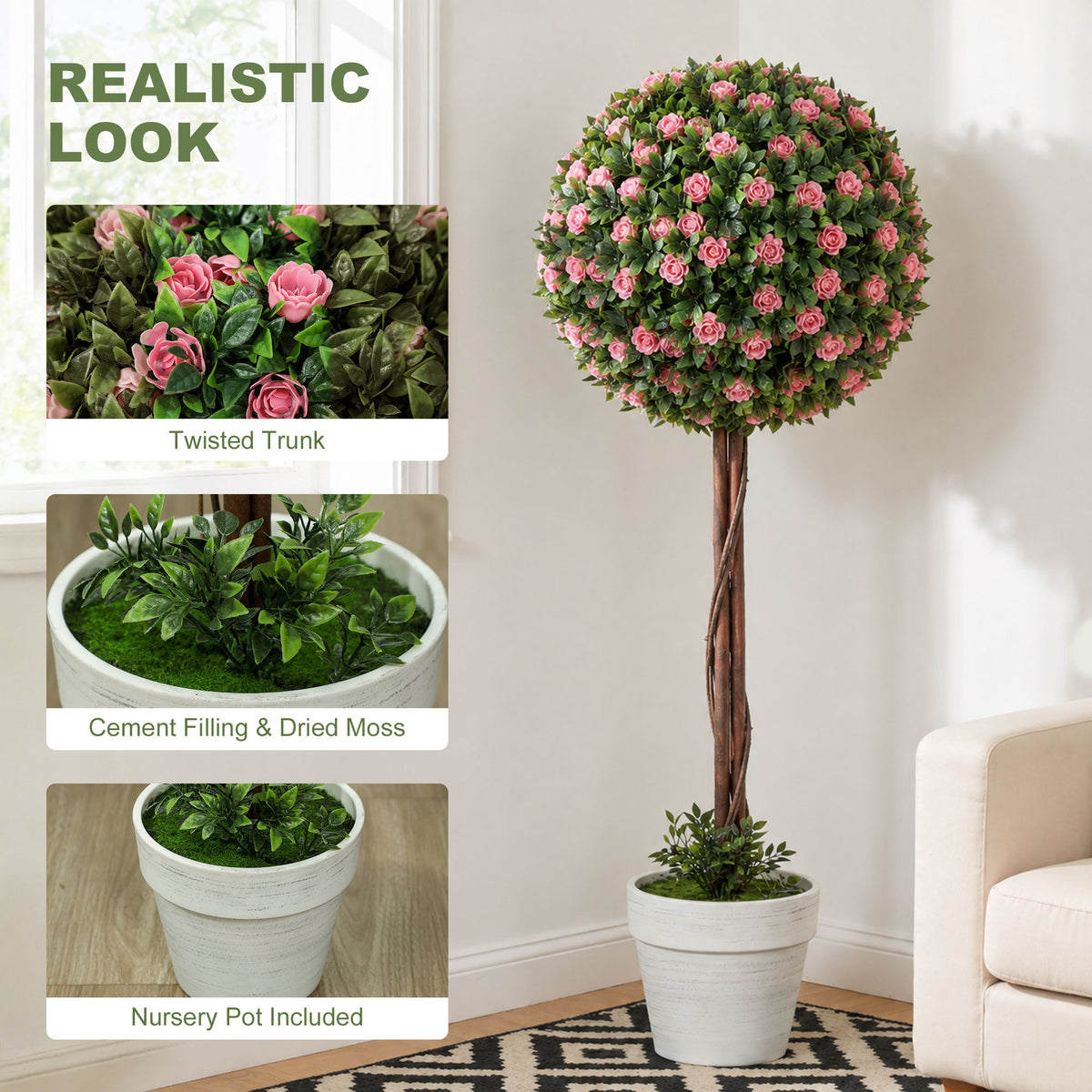 Artificial Pink Rose Topiary Trees 60cm, Set of 2