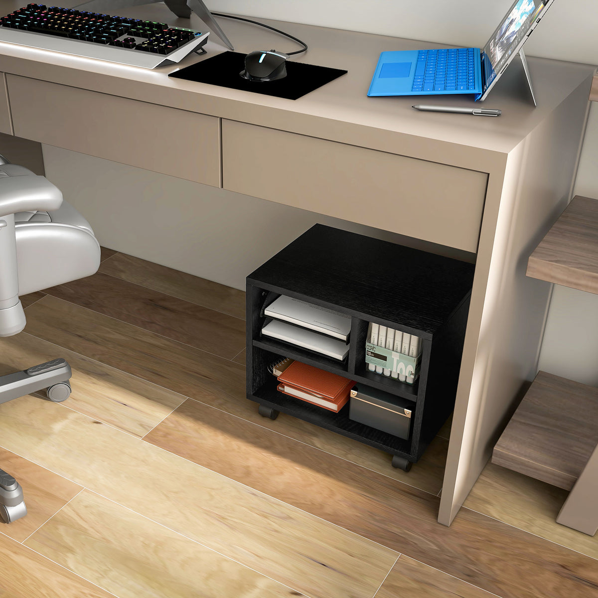 Mobile printer stand with 3 storage compartments, black, photo 2