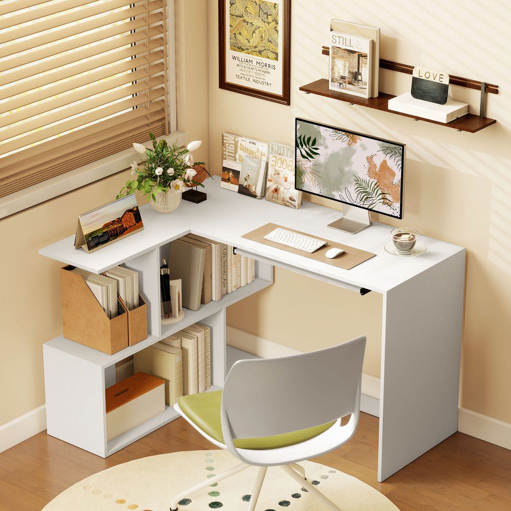 White L-shaped corner desk with shelves and keyboard tray, photo 7