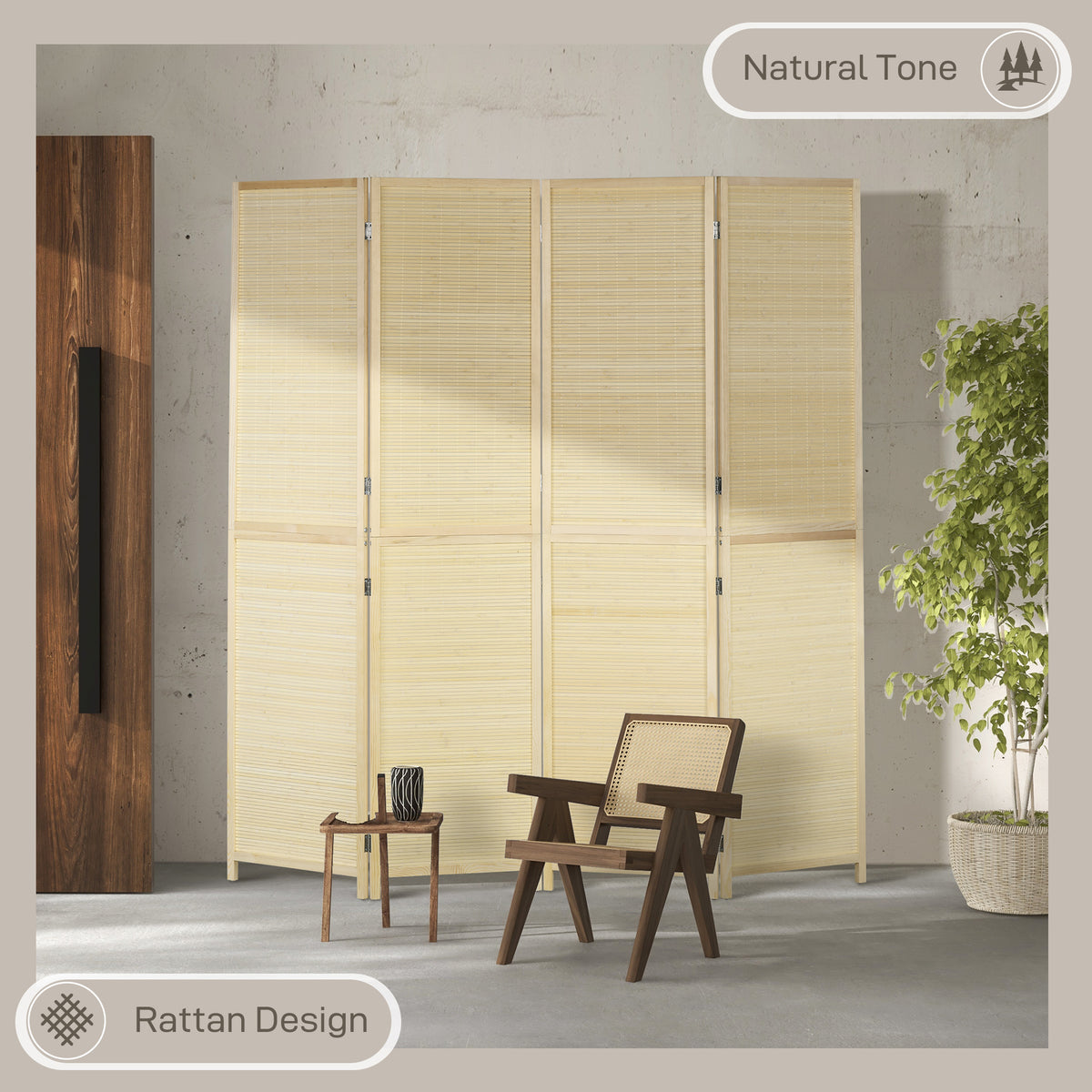 Natural bamboo 4-panel room divider, 180 x 180cm