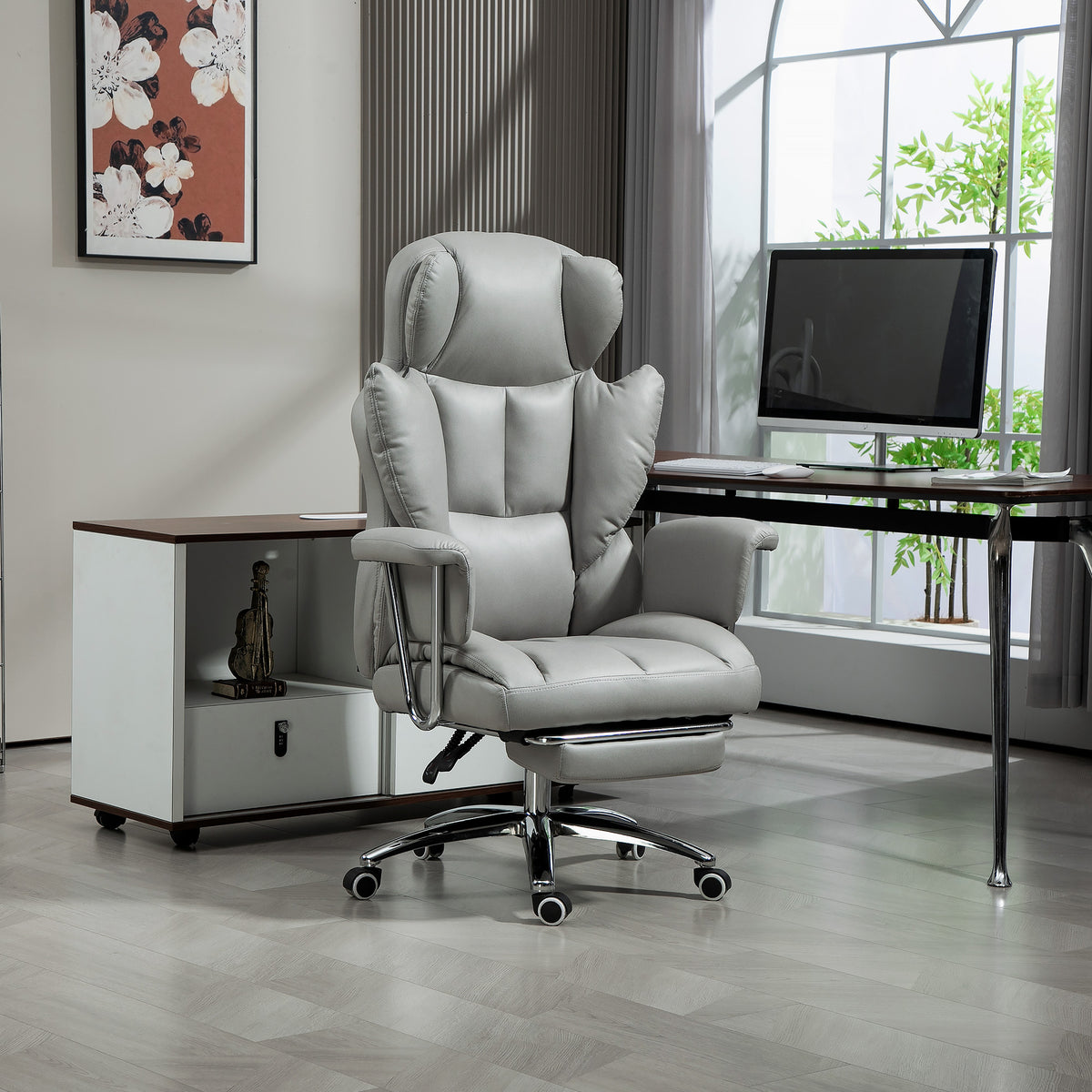 Reclining Office Chair with Footrest, Light Grey