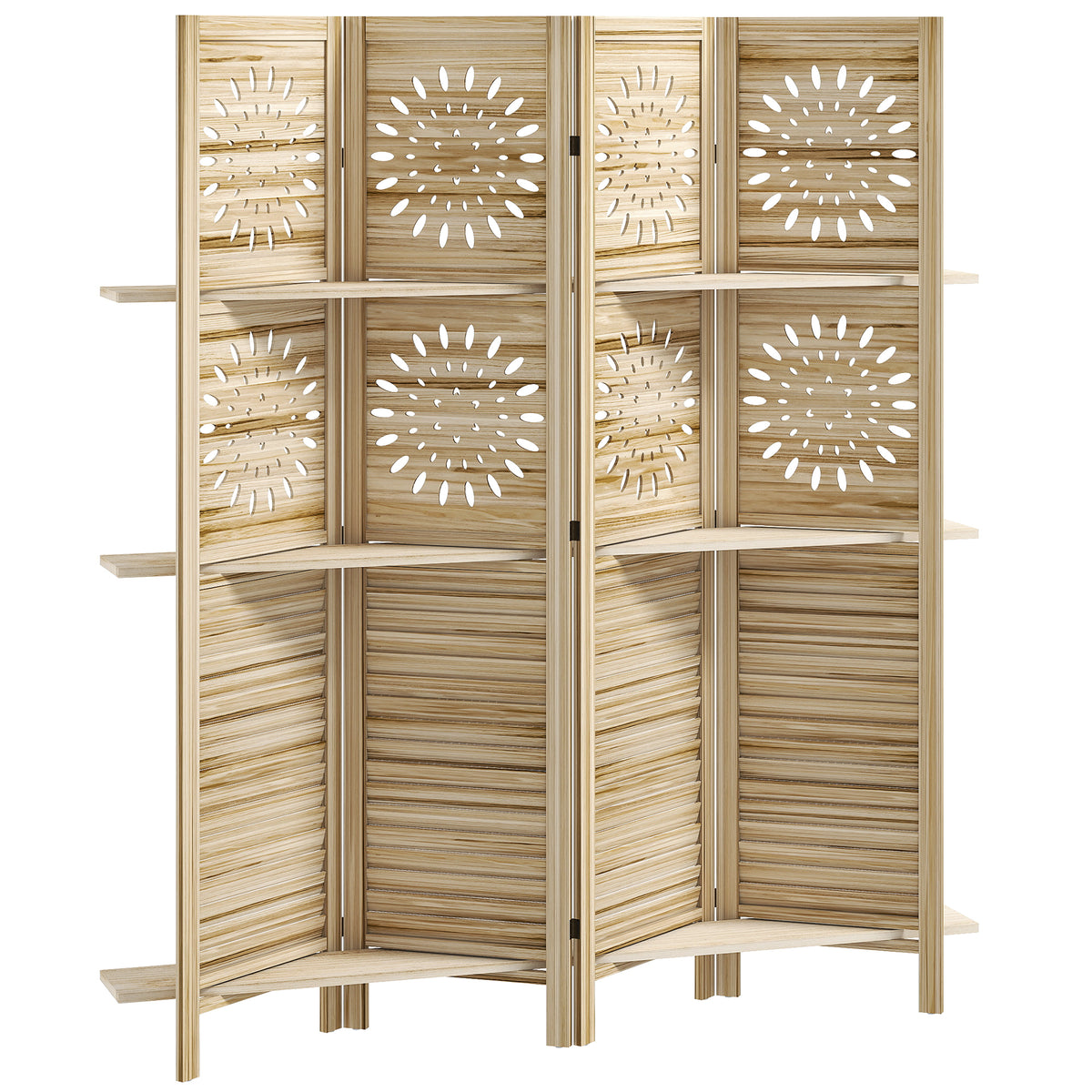 Four-panel wooden room divider with three shelves, natural finish