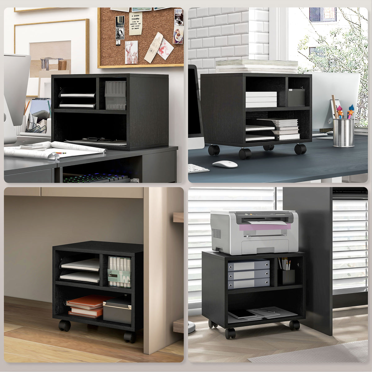 Mobile printer stand with 3 storage compartments, black