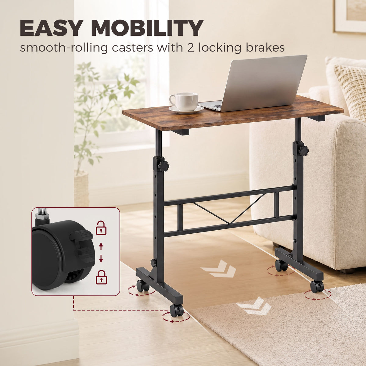 Height-adjustable desk on wheels