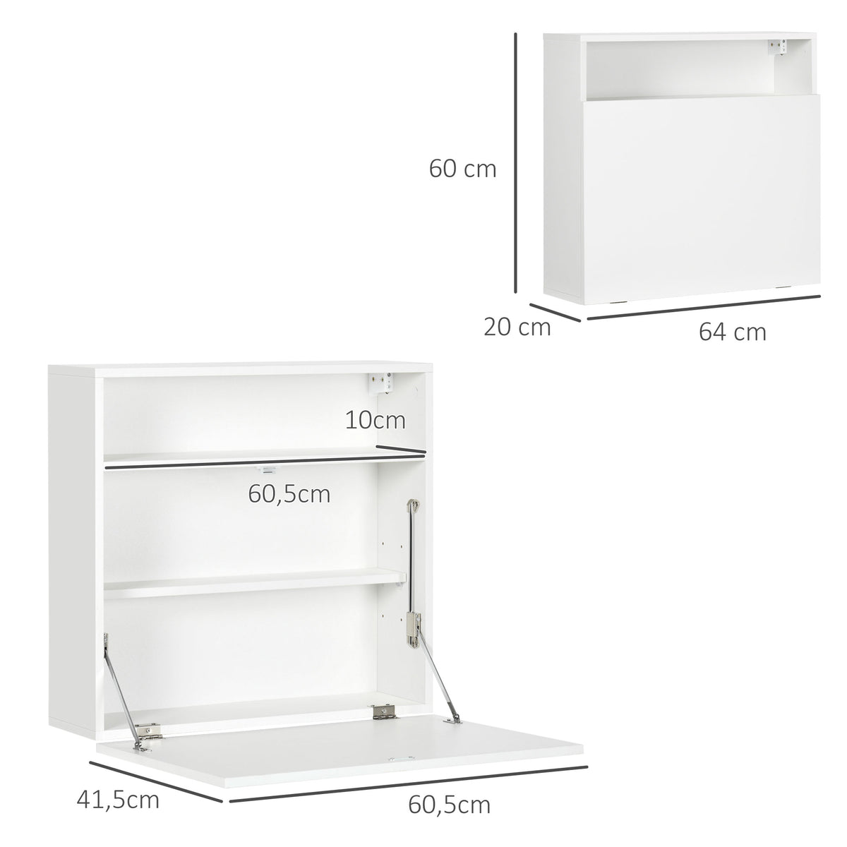 Compact white fold-down wall desk with 3 storage compartments, 64cm