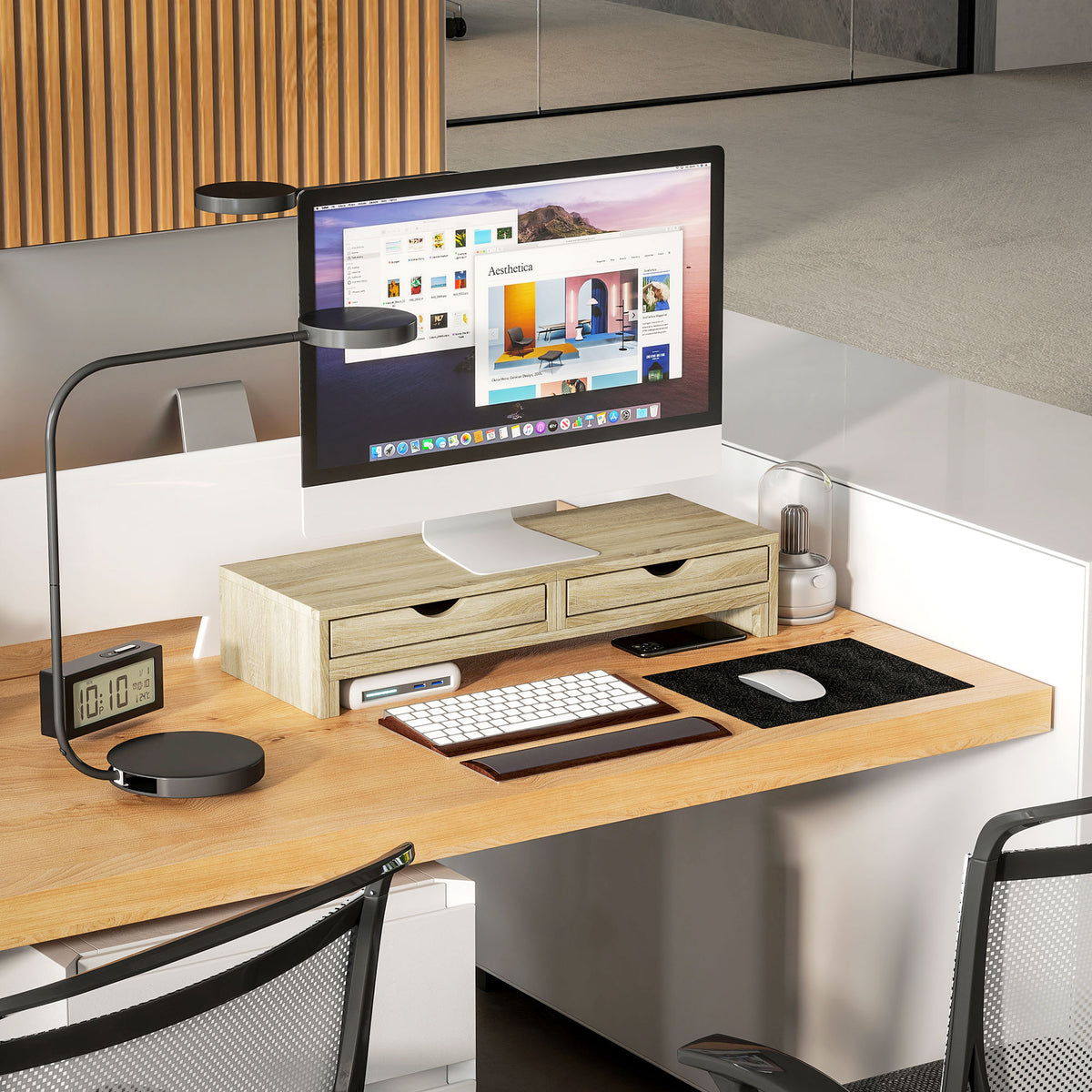 Oak extendable monitor riser with 2 drawers