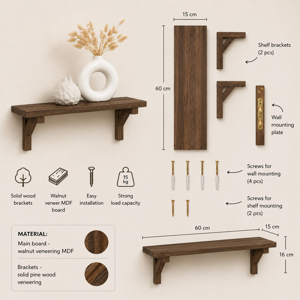 Walnut floating wall shelf - view 2