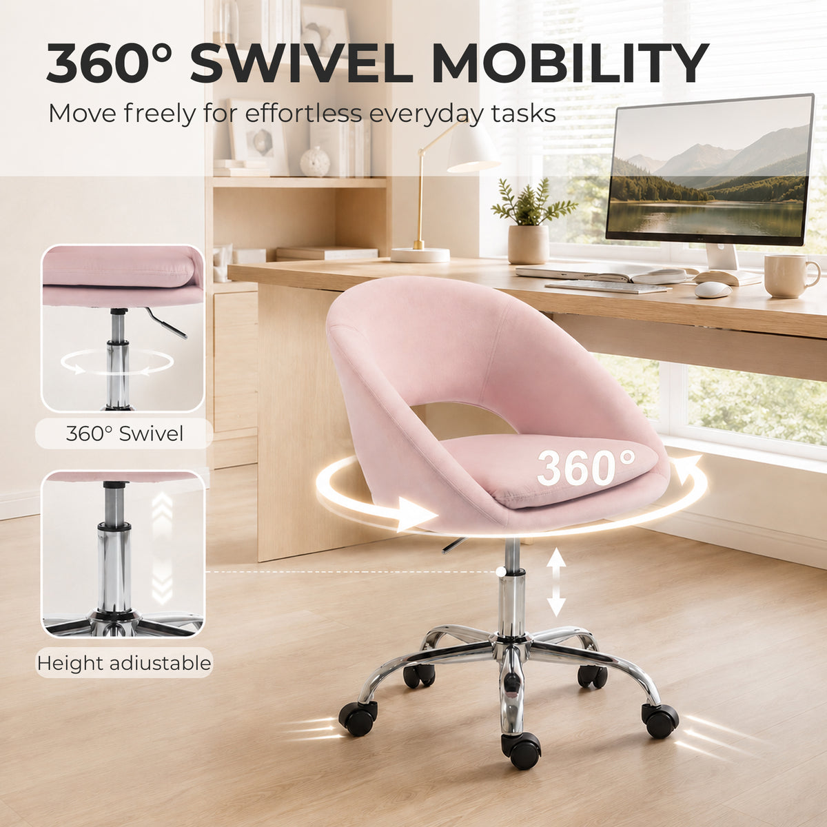 Velvet Desk Chair with Arms, Pink