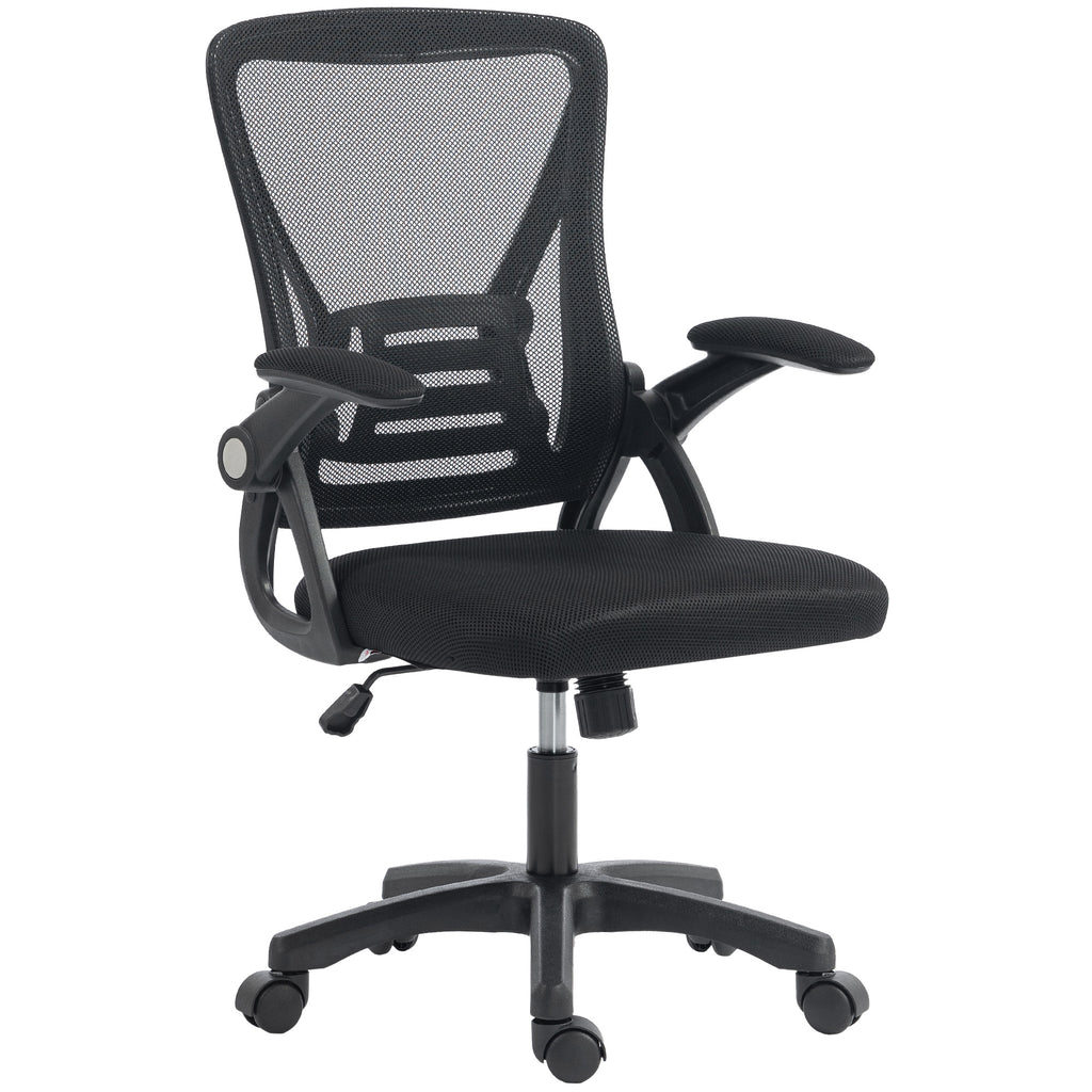 Black ergonomic mesh office chair with lift-up armrests