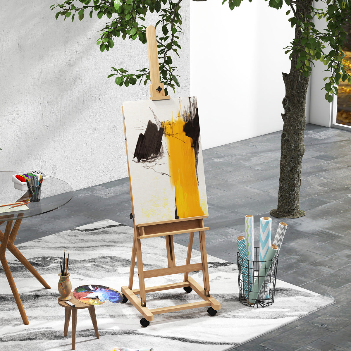 Beech wood studio easel on wheels