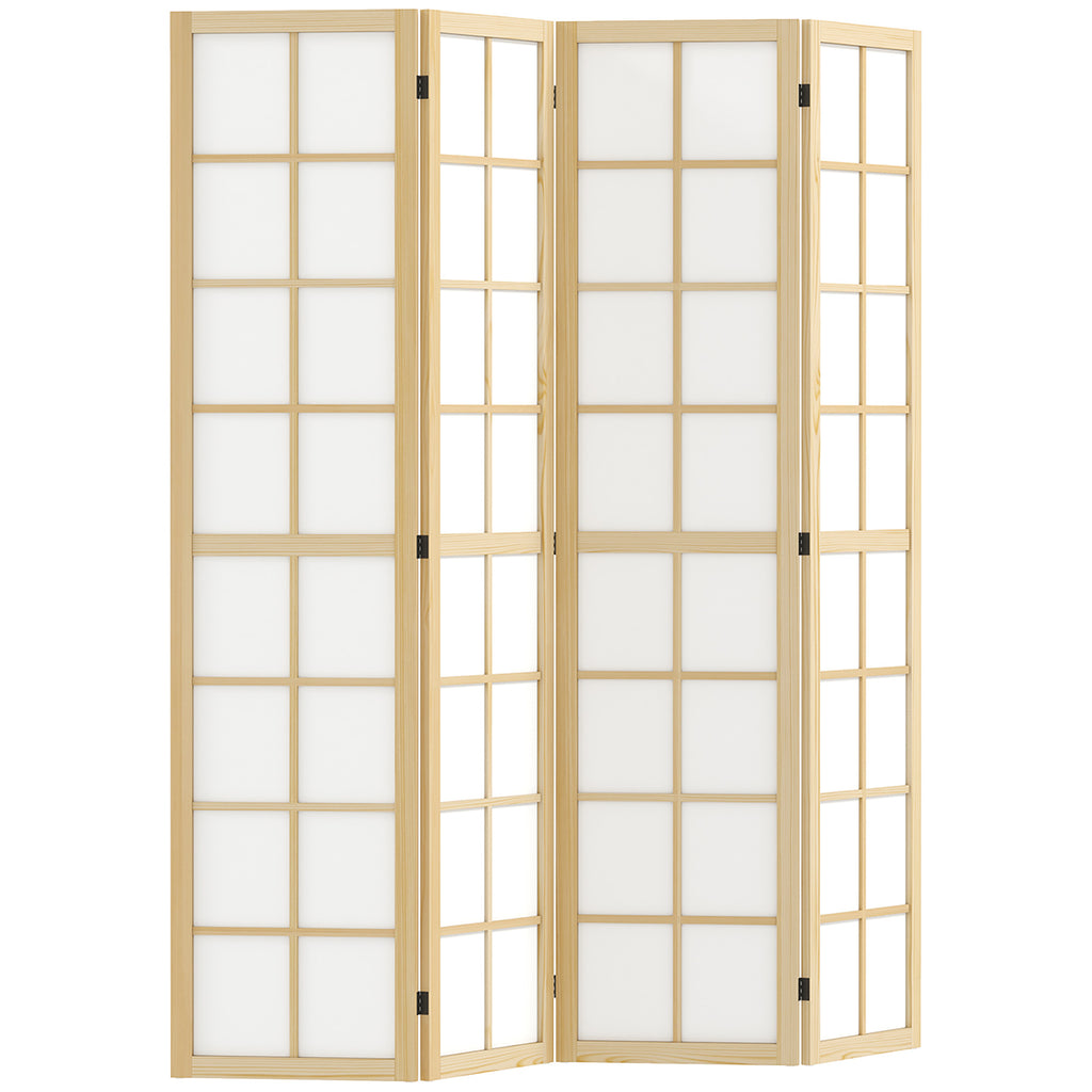Natural wood and white fabric 4-panel room divider