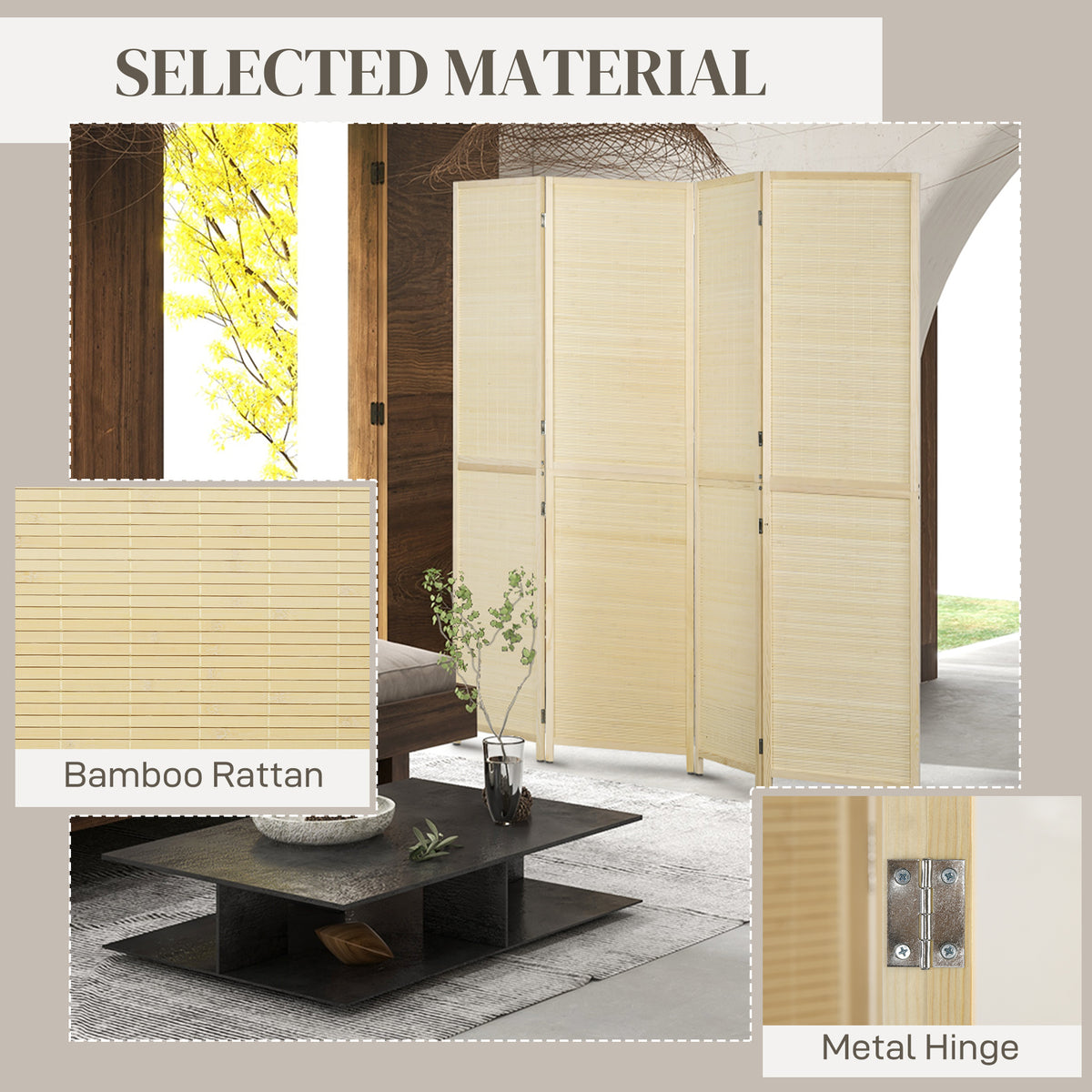 Natural bamboo 4-panel room divider, 180 x 180cm