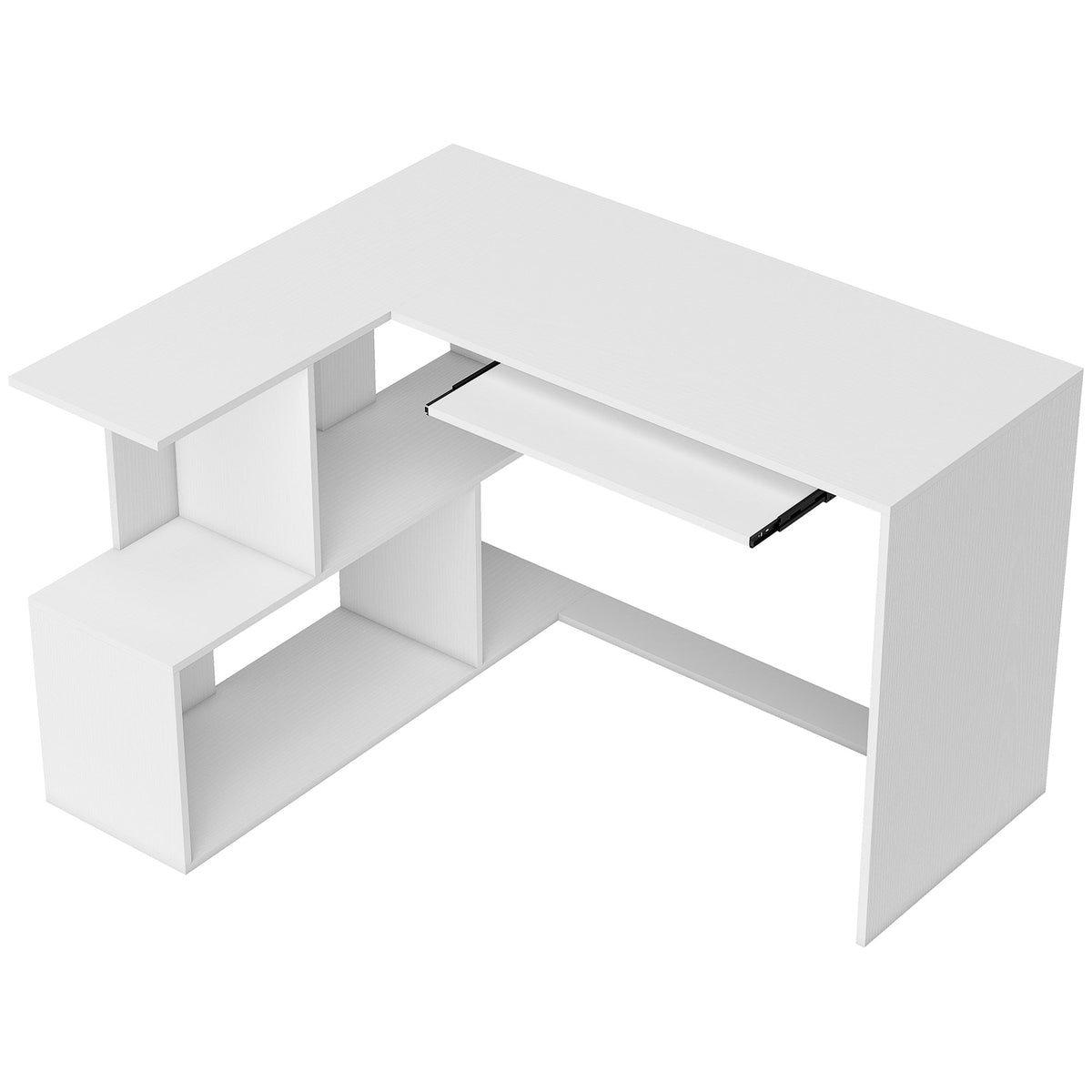 White L-shaped corner desk with shelves and keyboard tray, photo 1