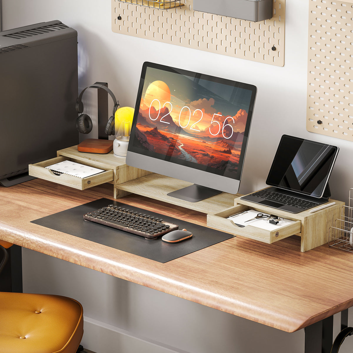 Extendable monitor riser with drawers, oak effect - view 8