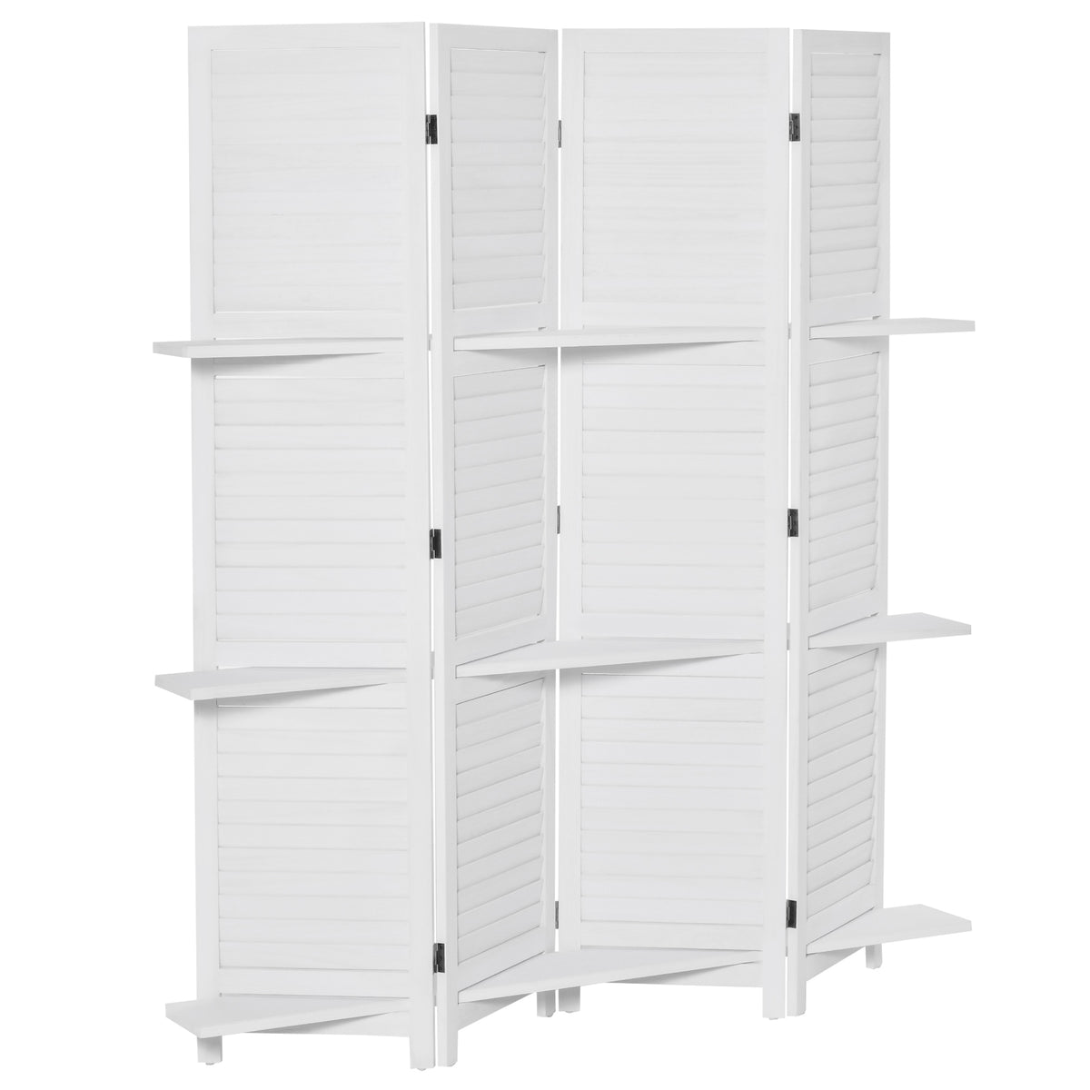 White louvred room divider with 3 shelves, 4 panels, 160 x 170cm