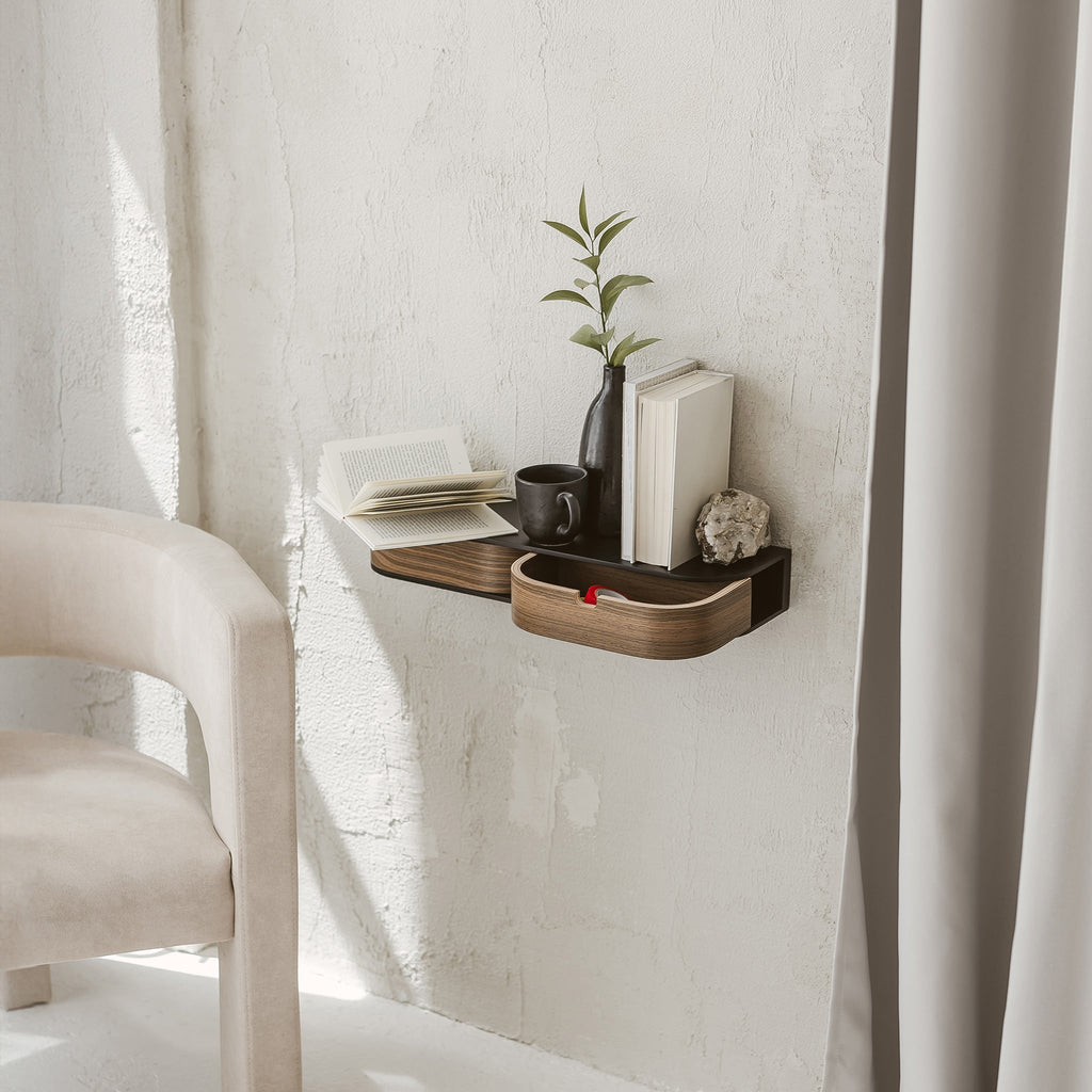 Floating shelf with two drawers, walnut and black - view 2