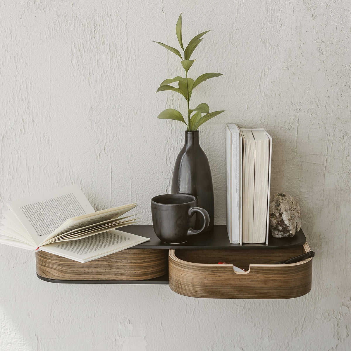 Walnut and black floating shelf with two drawers